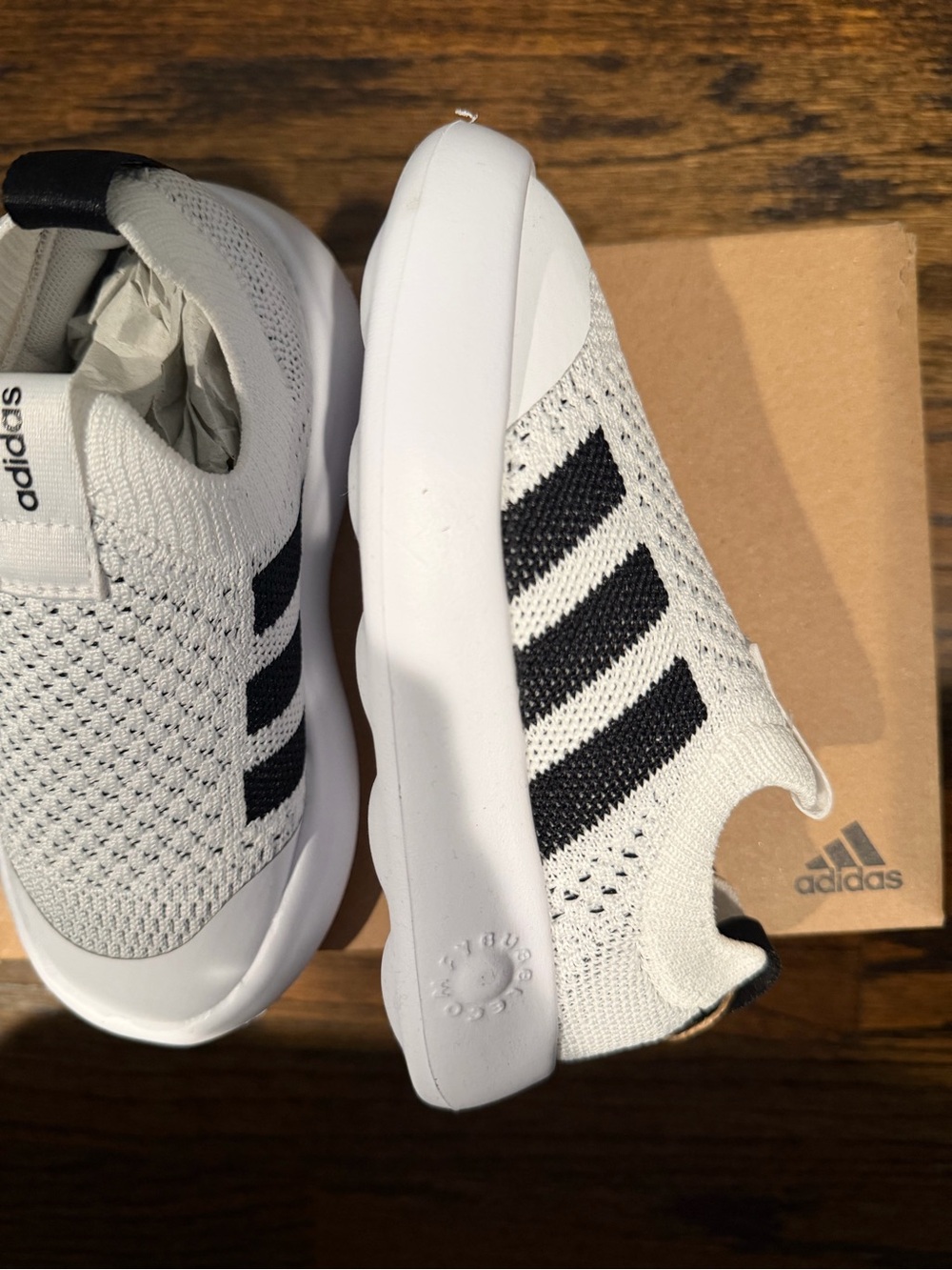 adidas Kids White Knit Slip-On Sneakers with Black Stripes